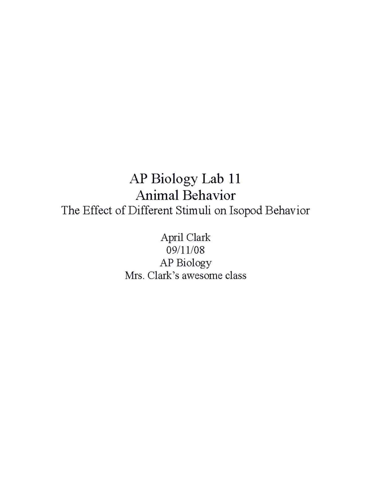 AP Biology Lab 11 example AP Biology Lab 11 Animal Behavior The