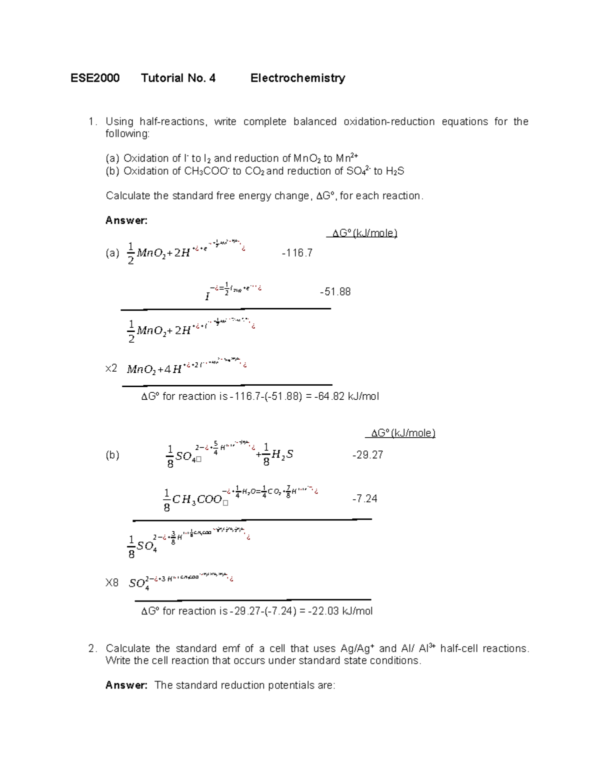 Tutorial No 4 Electrochemistry (Solution) ESE2000 Tutorial No. 4