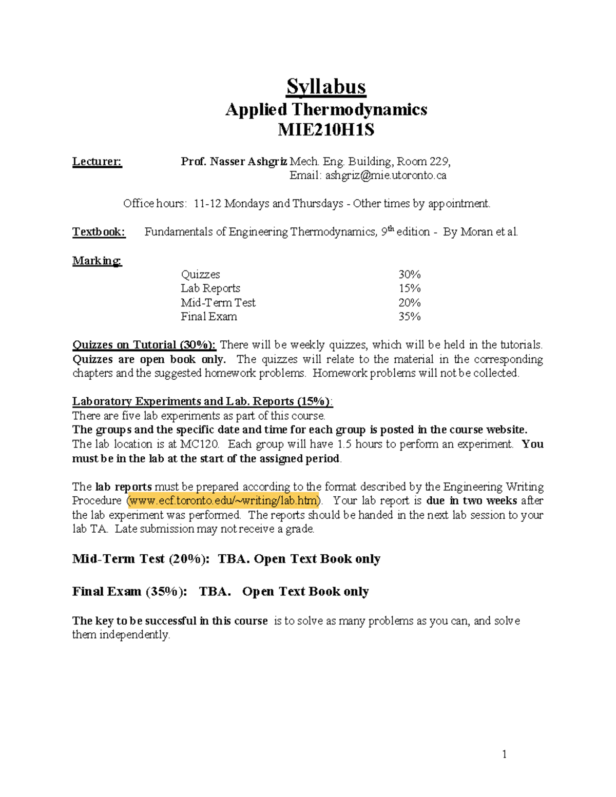 Syllabus+2019-i - Syllabus Applied Thermodynamics MIE210H1S Lecturer ...
