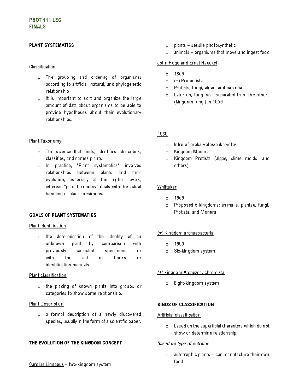 Pharmaceutical Botany With Taxonomy Lecture Finals Reviewer Finals