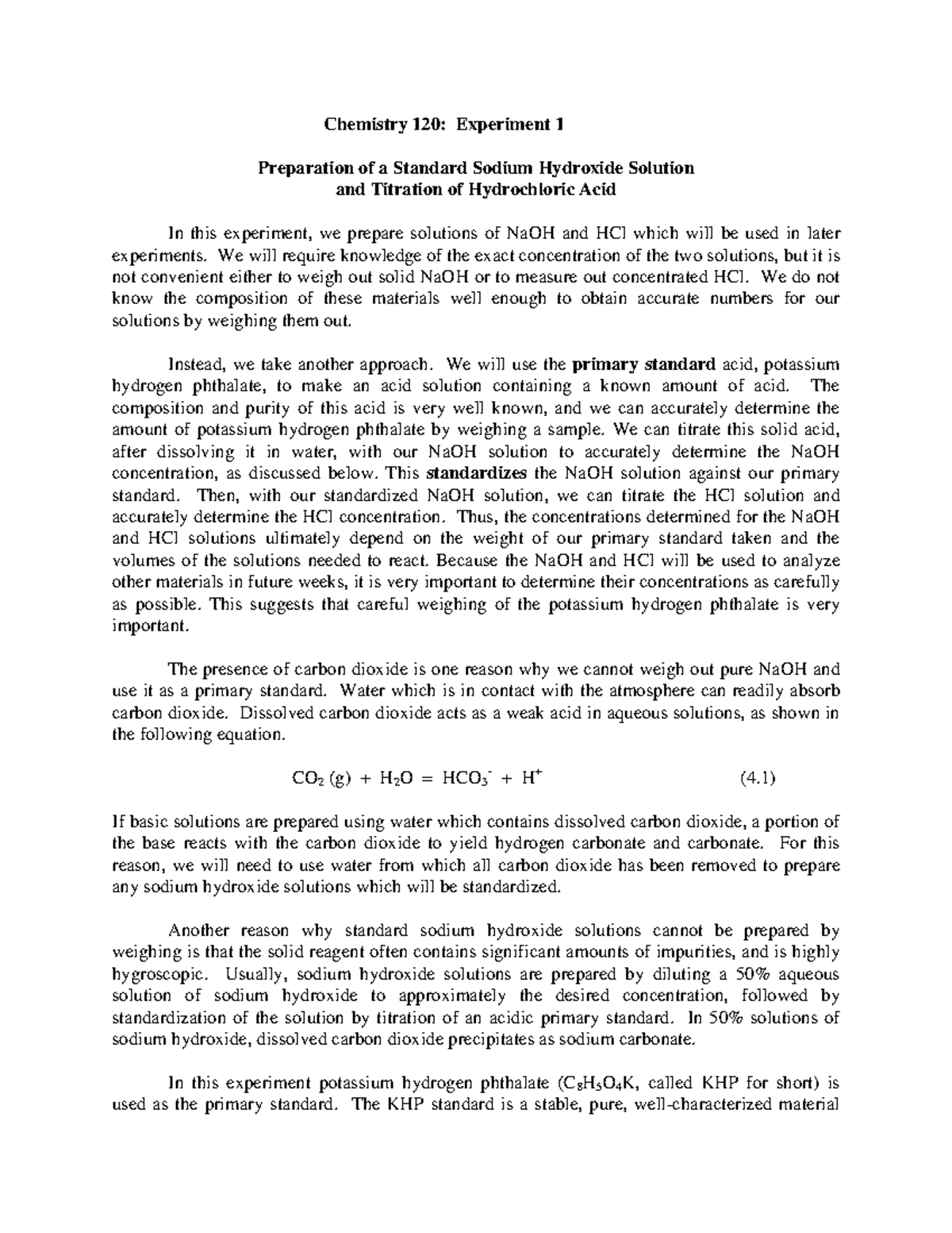 Chem 120 Lab 1 Lab Report Chemistry 120 Experiment 1 Preparation Of A Standard Sodium Chem 120 Lab 1 Lab Report Chemistry 120 Experiment 1 Preparation Of A Standard Sodium