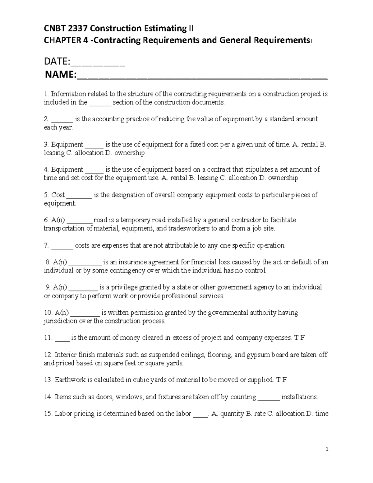 CNBT 2337 - Chapter 4 Contracting Requirements and General Requirements -  Warning: TT: undefined - StuDocu