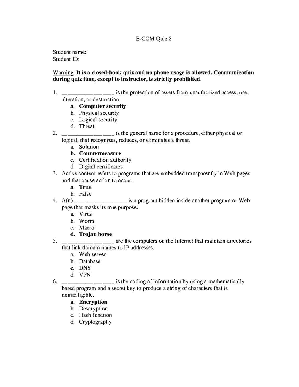 Quiz 8 - Solution - Quiz preparation - E-COM Quiz 8 Student name ...