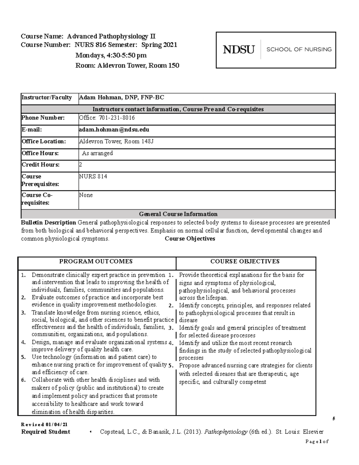 NURS 816 Pathophys Syllabus Spring 2021 rev 1 Mar 21 - Course Name ...