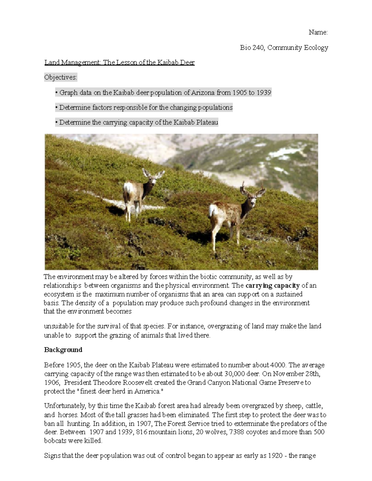 Land Management elk lab Name Bio 240, Community Ecology Land