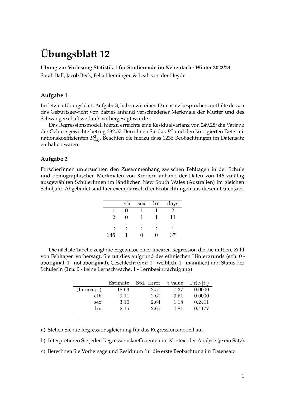 Statistik Übungsblatt 12 - Übungsblatt 12 Übung Zur Vorlesung Statistik ...