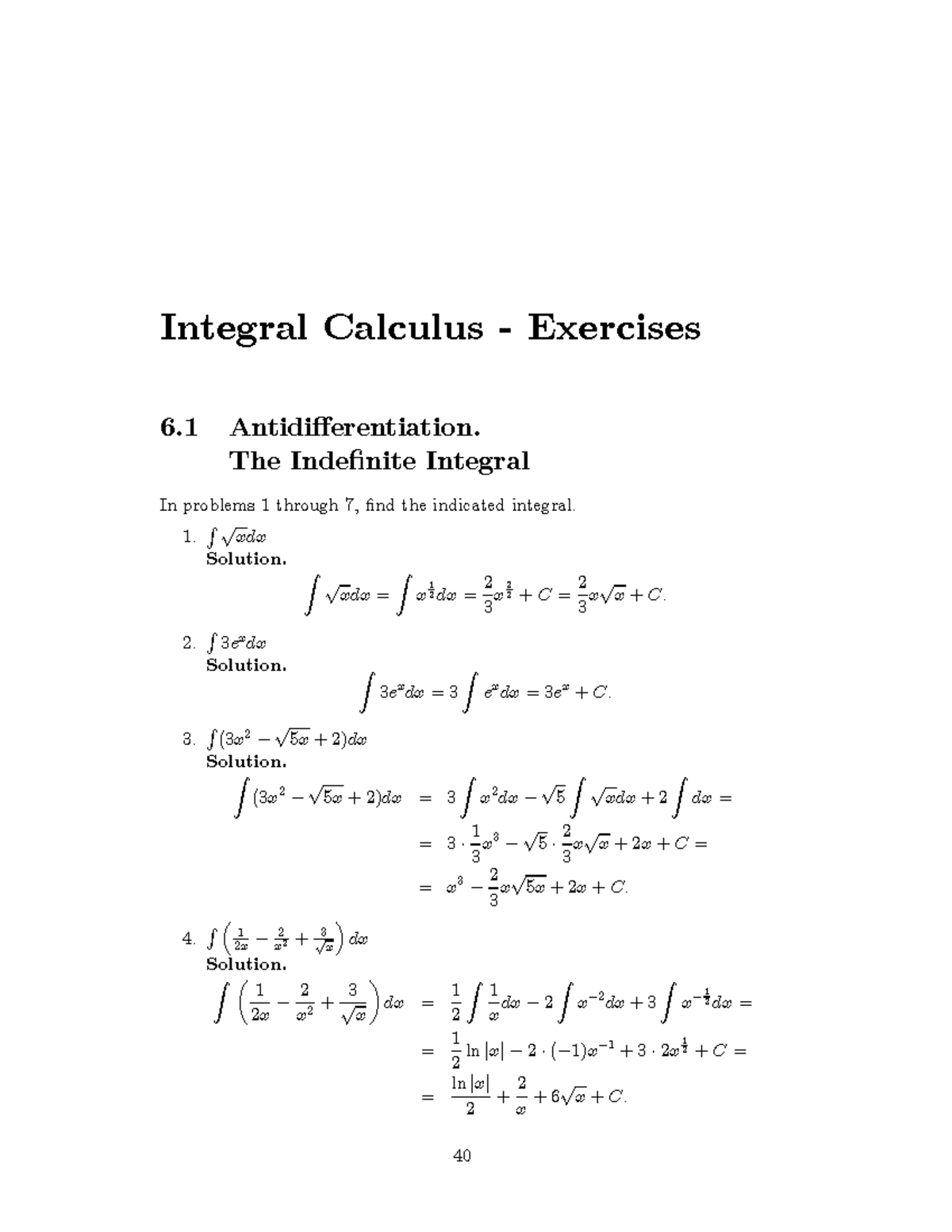 Integral Calculus exercises pdf - 6 Antidifferentiation. The Indefinite ...