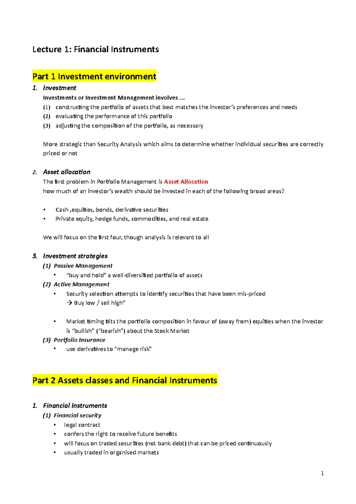 Lecture 1 - Lecture 1: Financial Instruments Part 1 Investment ...