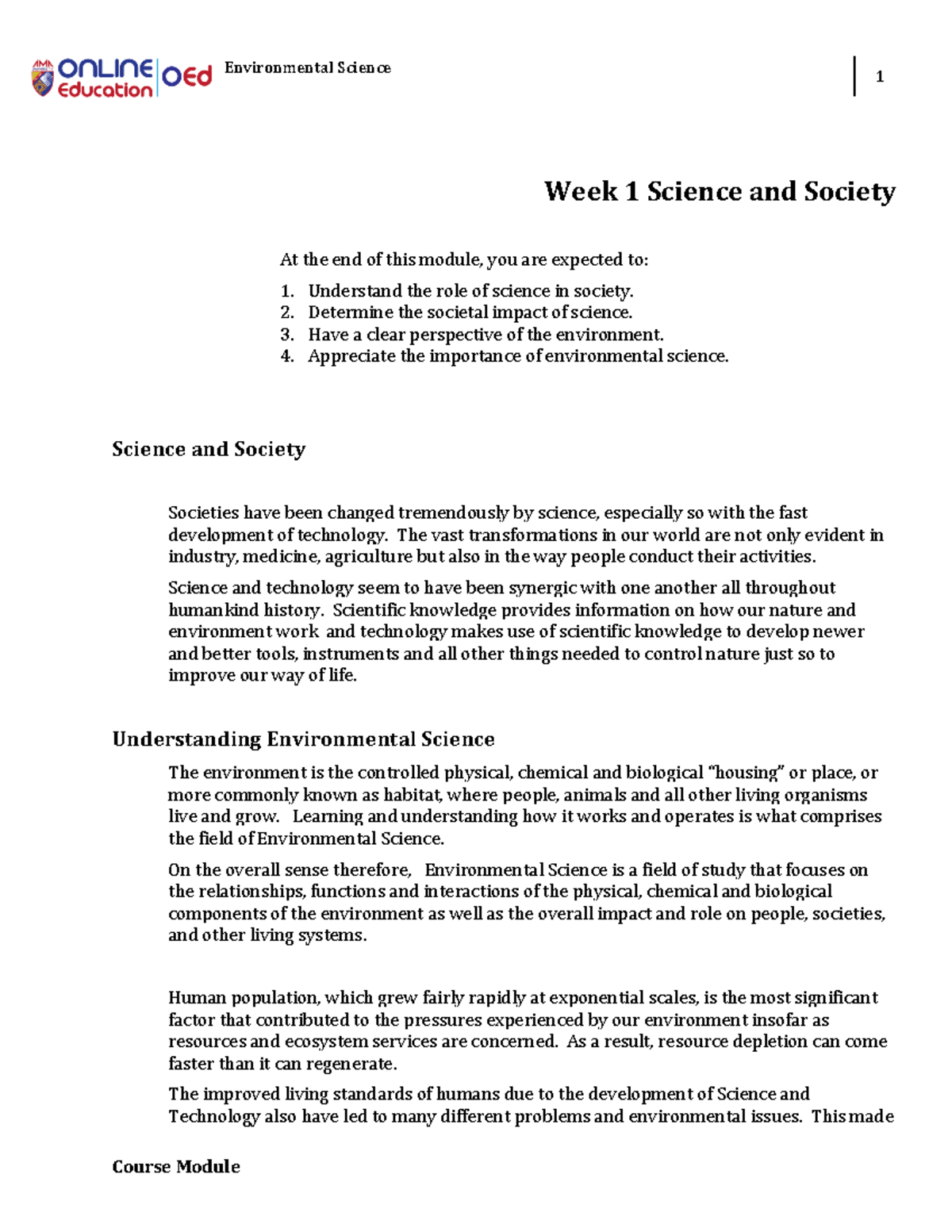 Week 1 - Science and Society - Environmental Science 1 Course Module ...