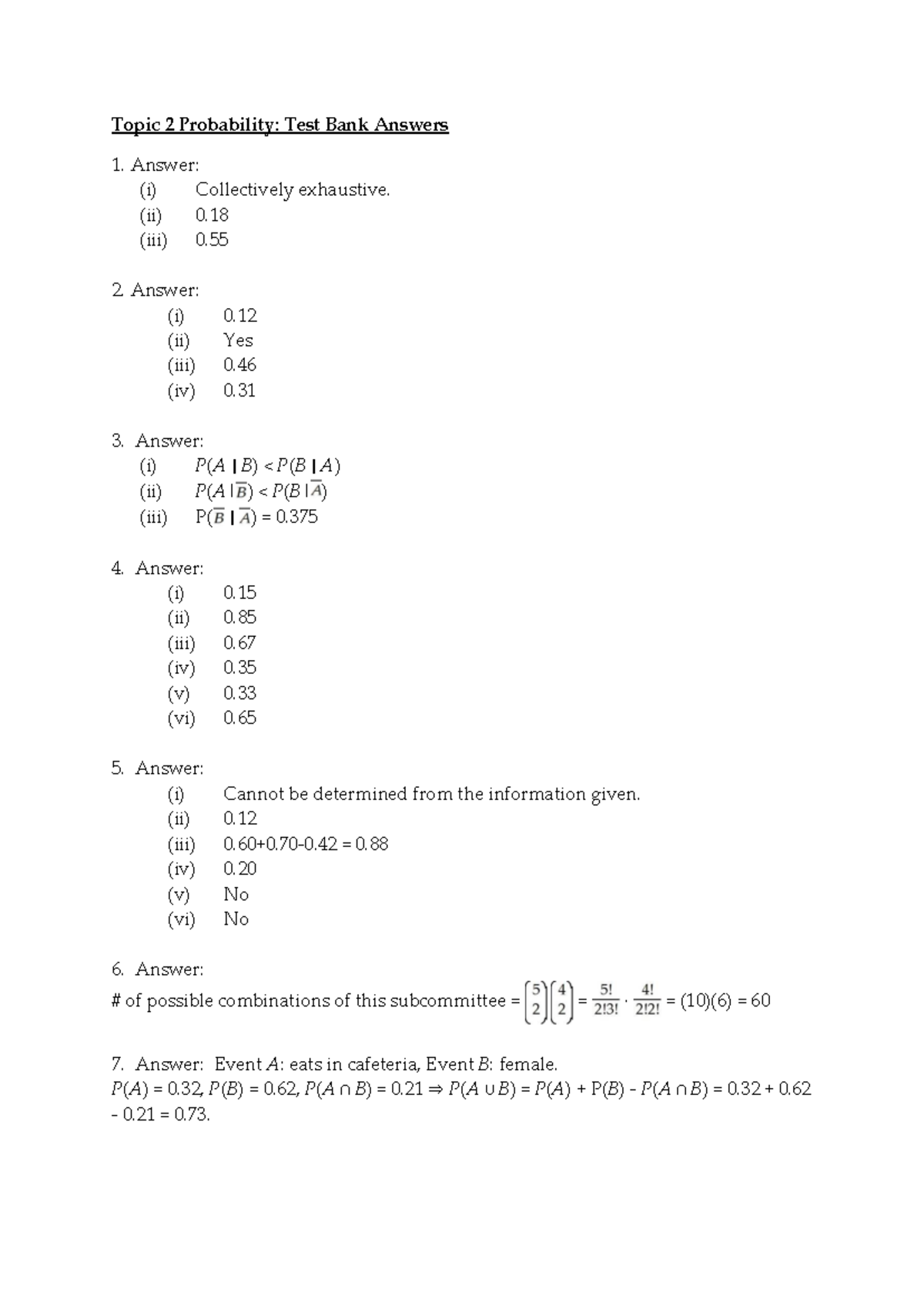 Topic 2-Ch3 Test Bank Answer Key - Topic 2 Probability: Test Bank ...