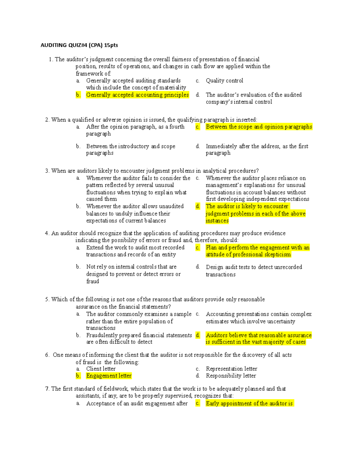 QUIZ4 Auditing CPA With Answers - AUDITING QUIZ#4 (CPA) 15pts The ...