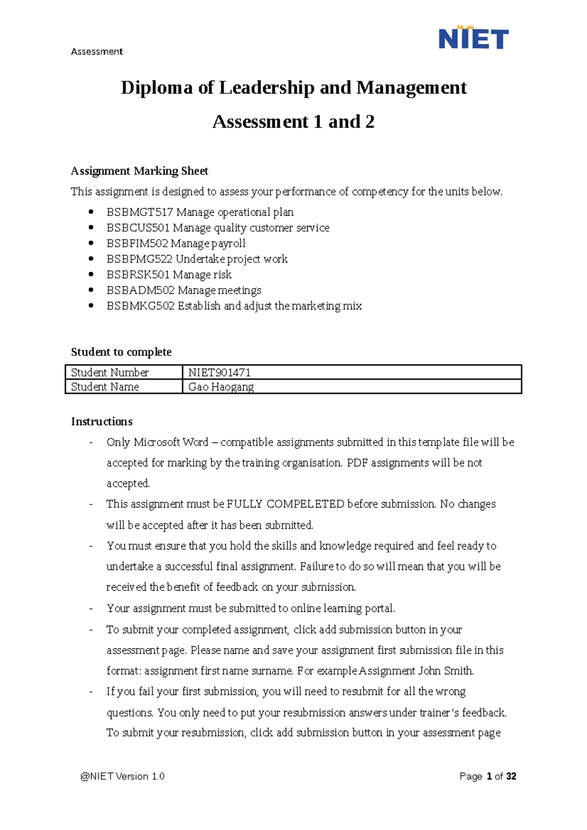 Assignment 12 - Diploma of Leadership and Management Assessment 1 and 2 ...