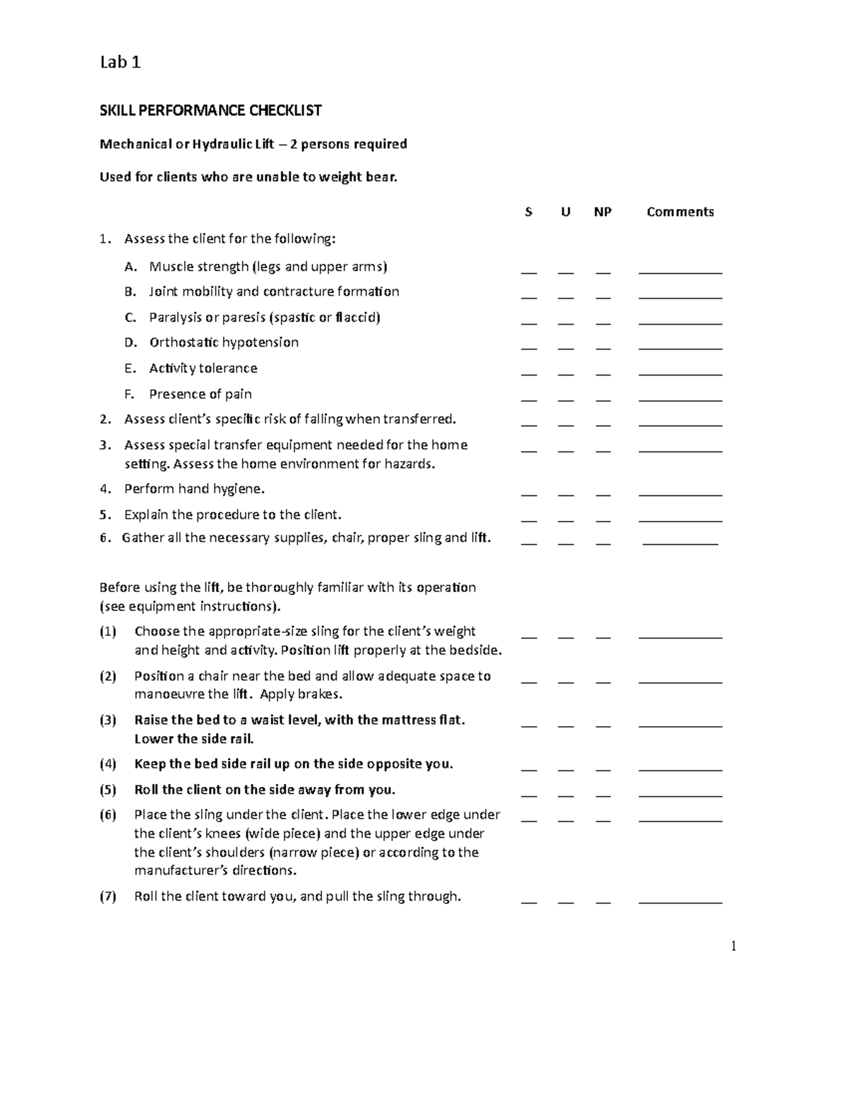 Transfer with Mechanical Lift - Lab 1 SKILL PERFORMANCE CHECKLIST ...