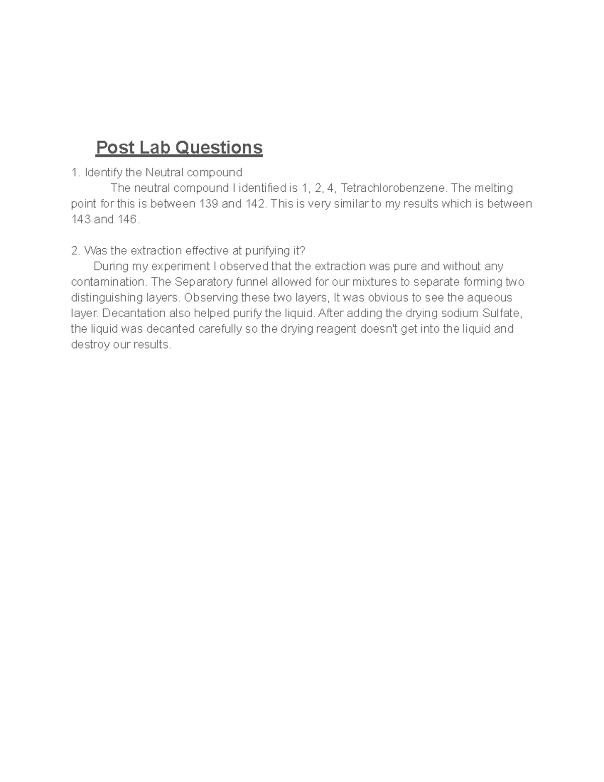 extraction lab questions - Post Lab Questions Identify the Neutral ...
