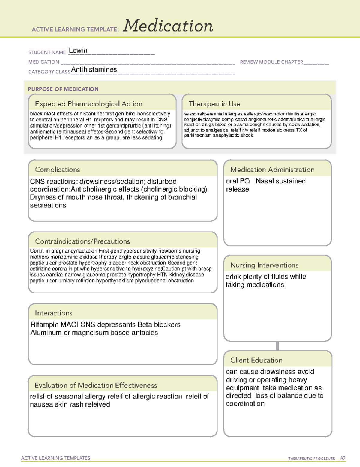 Med Card Antihistamine - ACTIVE LEARNING TEMPLATES THERAPEUTIC ...