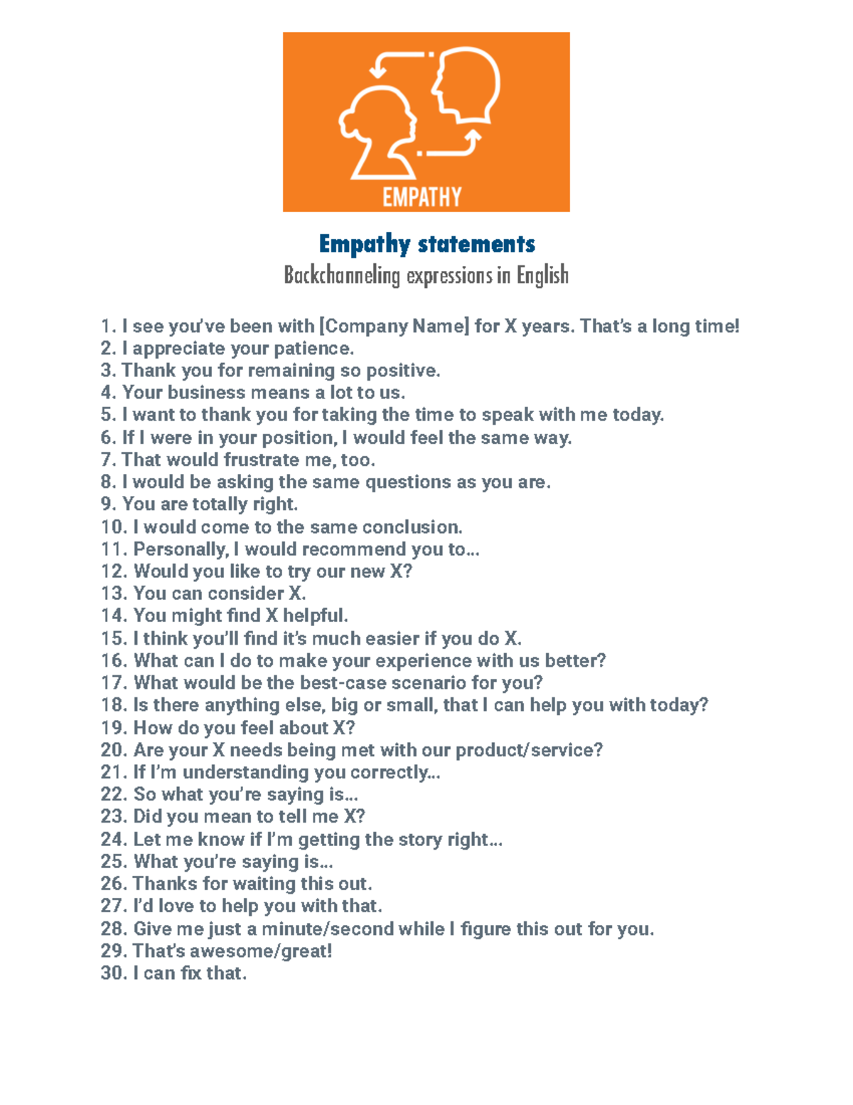 Empahty statement - Guia de ingles - Empathy statements Backchanneling ...