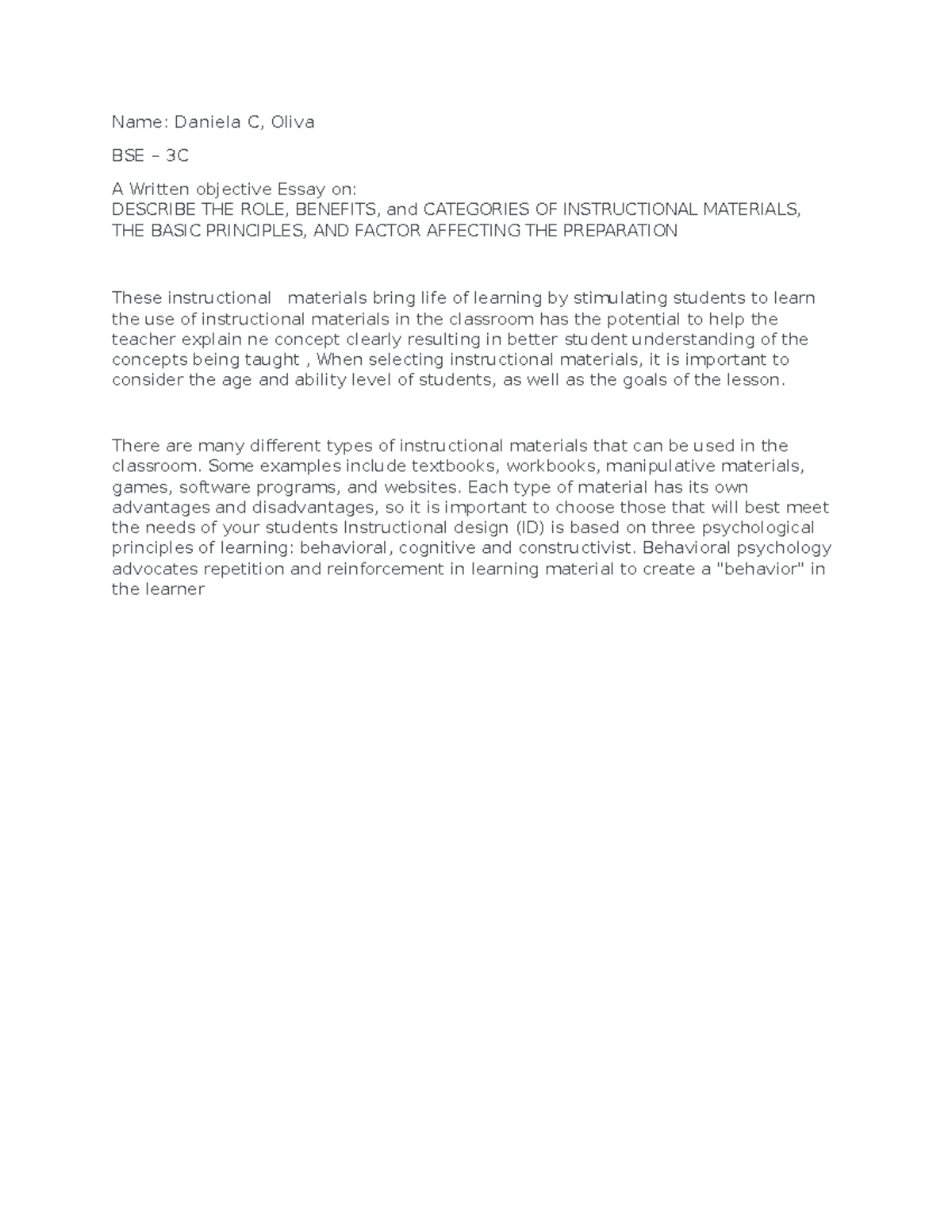 Name2 - for study - Name: Daniela C, Oliva BSE – 3C A Written objective ...