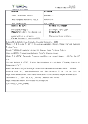 Evidencia 1 de planeacion estrategica - Nombre : Matrícula : Nombre del ...