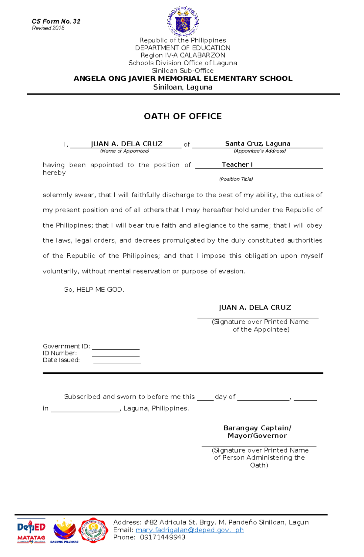 Oath of Office New Template CS Form No. 32 Revised 2018 Republic of