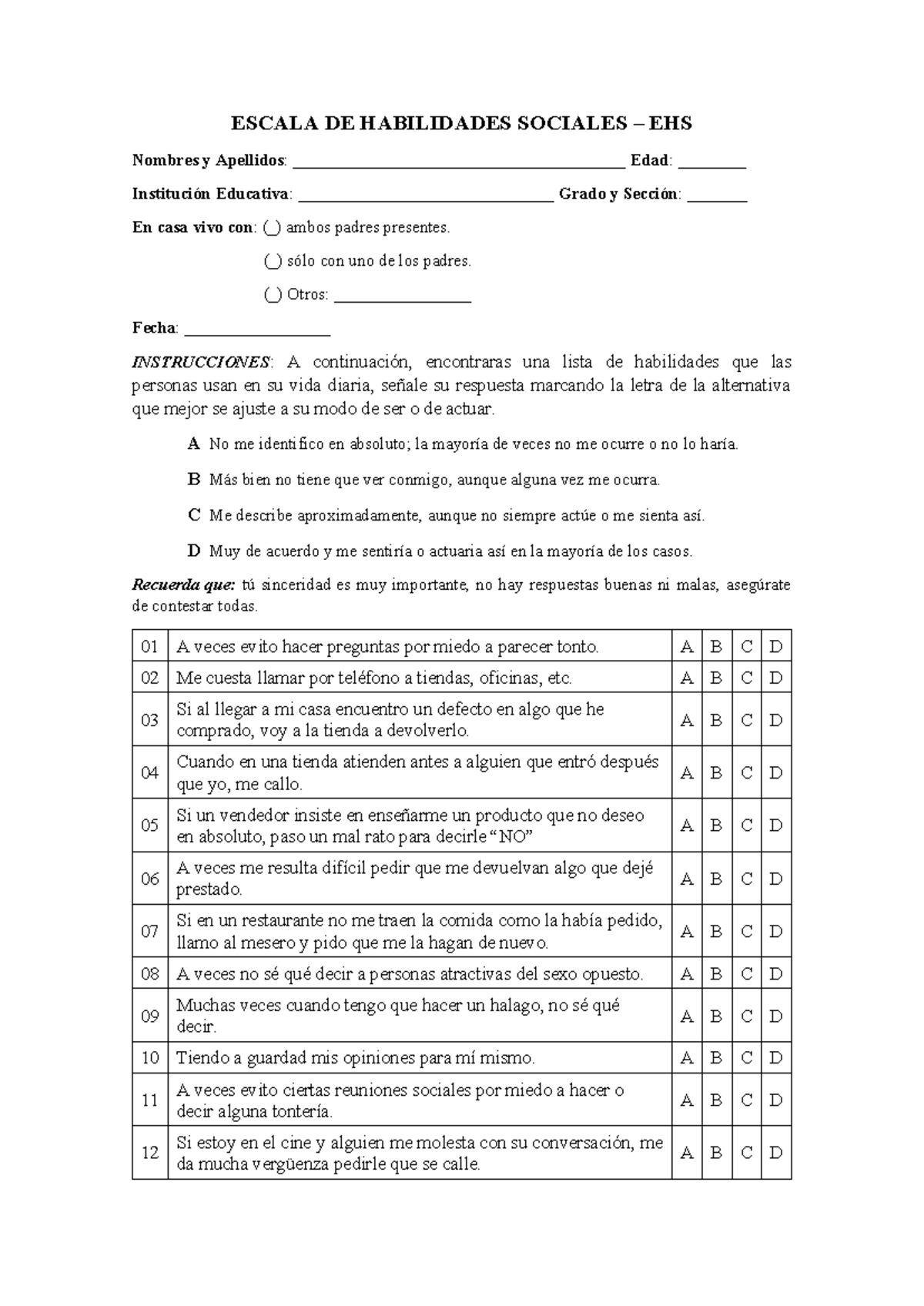 Test habilidades sociales EHS - ESCALA DE HABILIDADES SOCIALES – EHS ...
