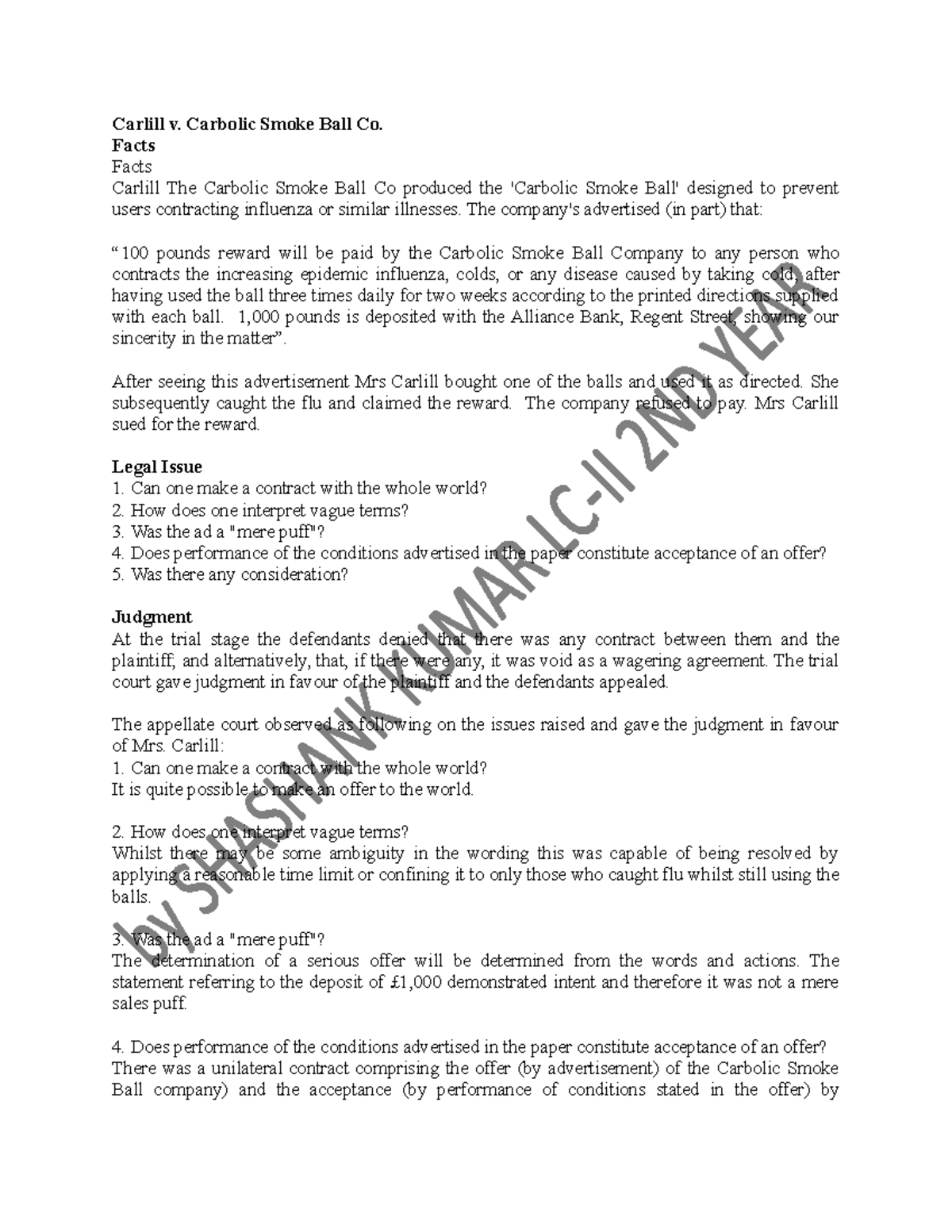 Contract case laws LAW Carlill v. Carbolic Smoke Ball Co. Facts Facts Carlill The Carbolic Contract case laws LAW Carlill v. Carbolic Smoke Ball Co. Facts Facts Carlill The Carbolic