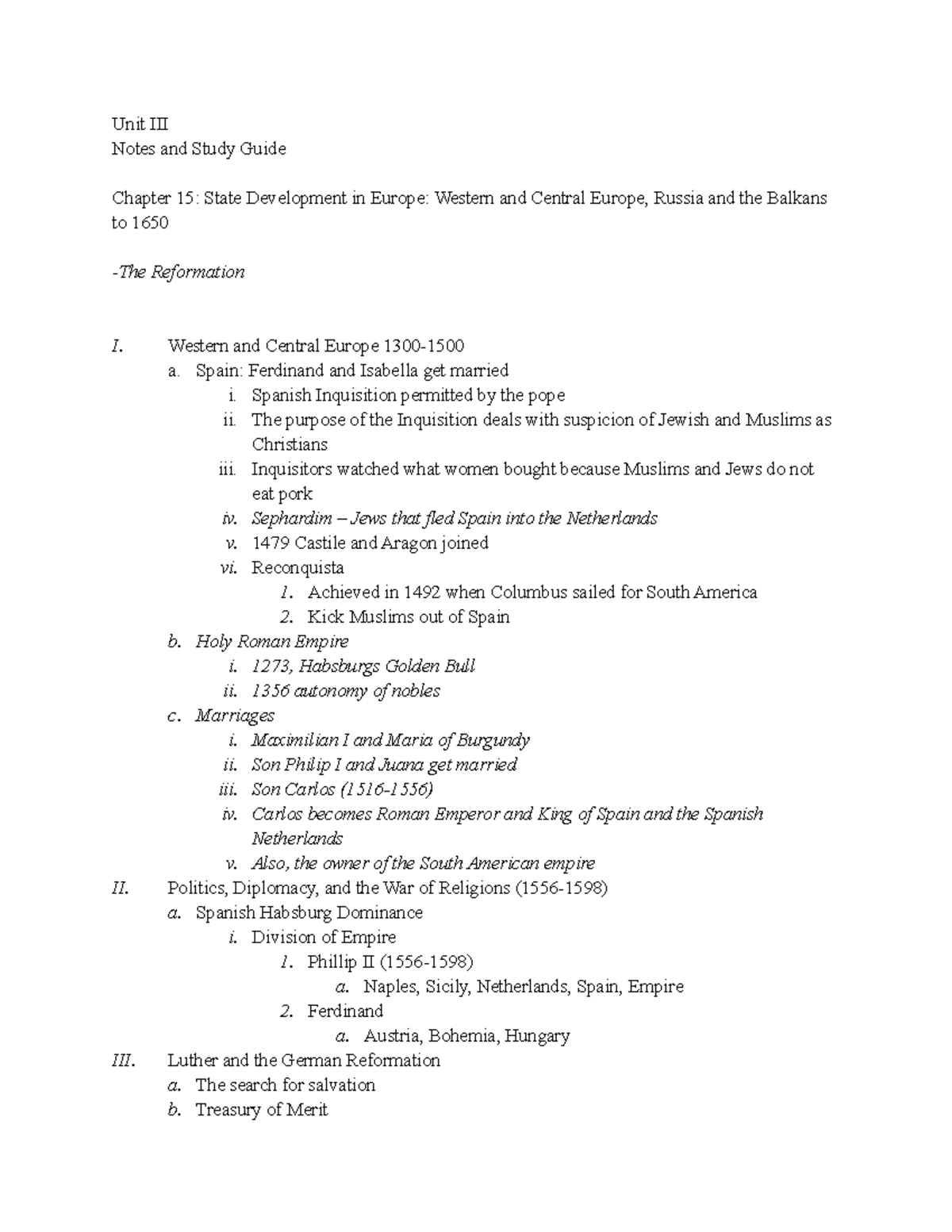 Study Guide 3 Western Civ - Unit III Notes and Study Guide Chapter 15 ...