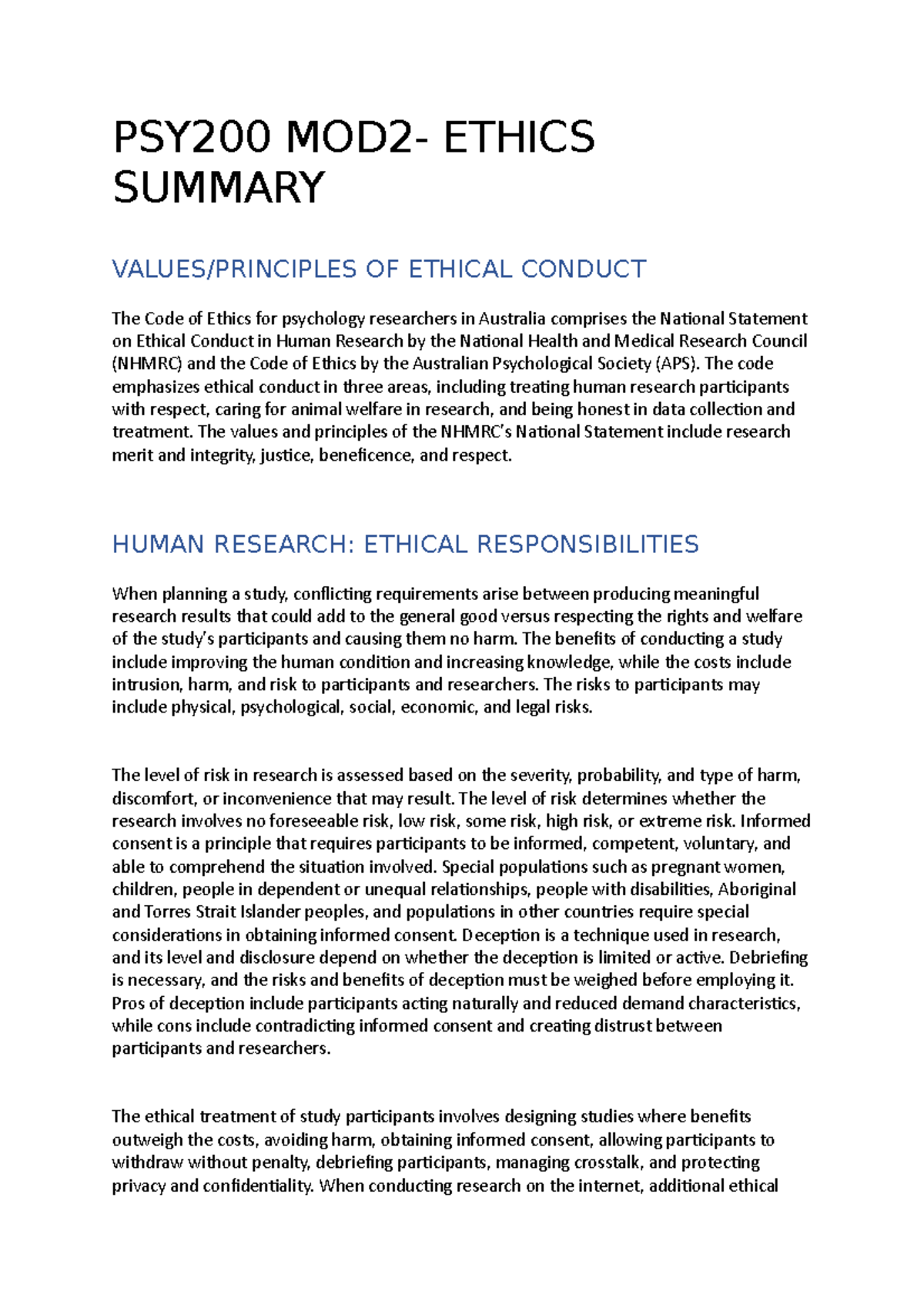 PSY200 Module 2 - PSY200 MOD2- ETHICS SUMMARY VALUES/PRINCIPLES OF ...