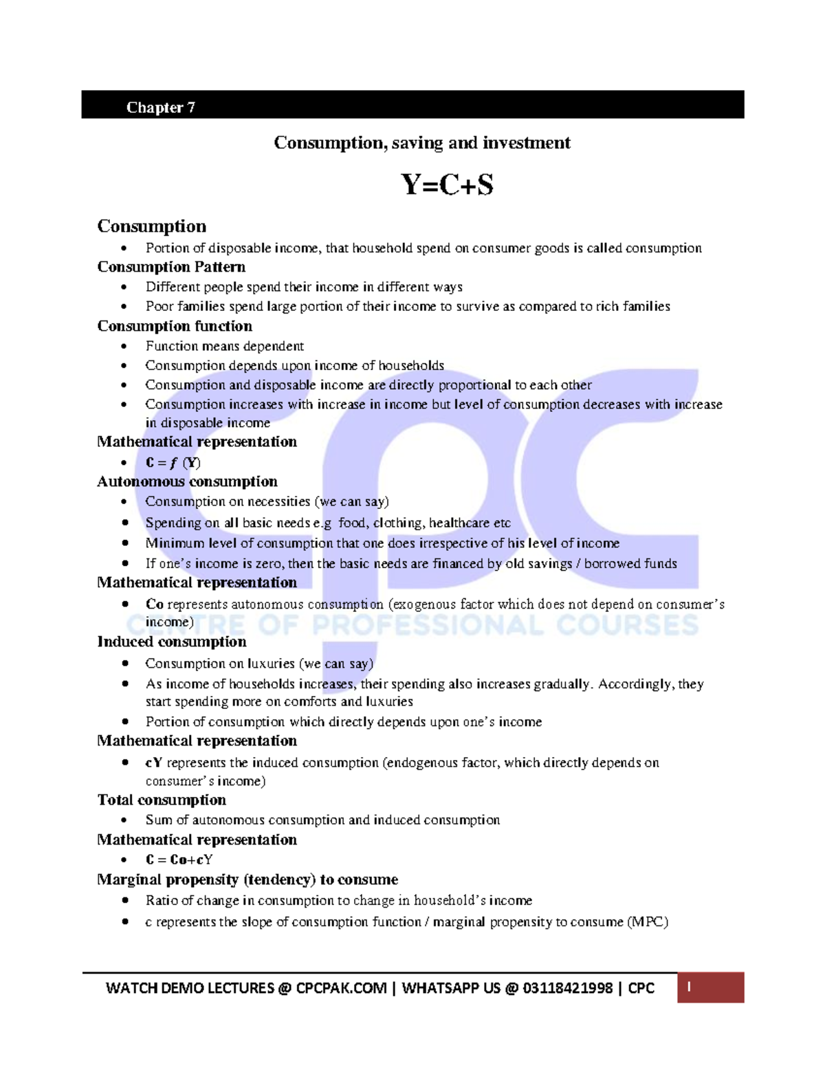 Eco CHAP-7 Notes - Chapter 7 Consumption, saving and investment Y=C+S ...