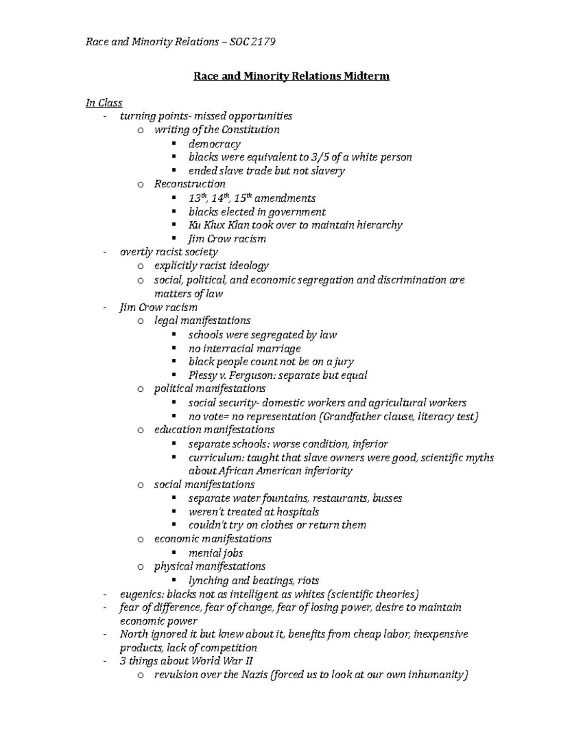 Midterm Study Guide - Race and Minority Relations Midterm In Class ...