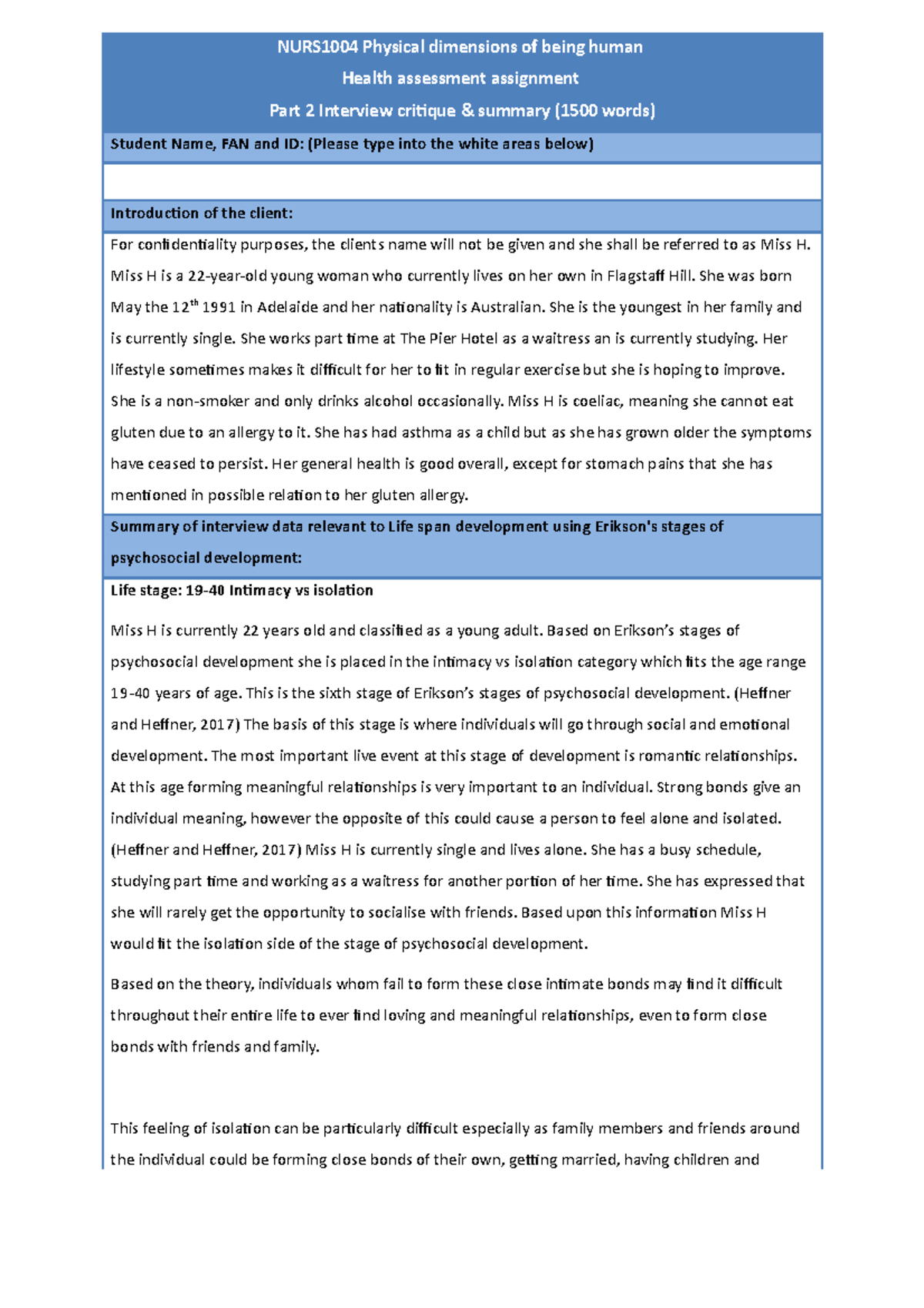 Part 2 Health assessment Interview summary and critique - NURS1004 ...