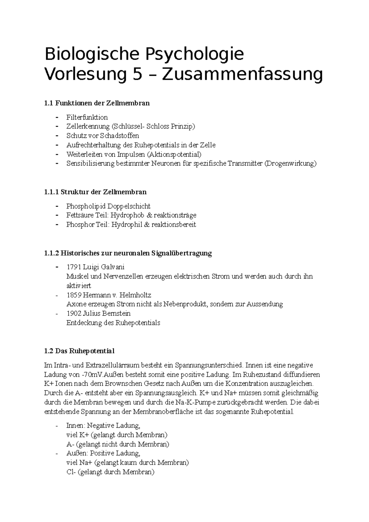 5. Vorlesung 5 Zusammenfassung Biologische Psychologie - Biologische ...