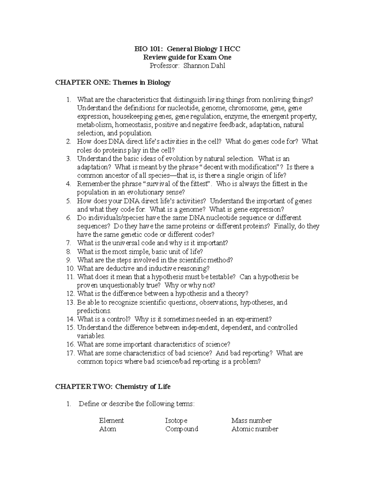 Review exam1 HCC - Instructor Shannon Dahl - BIO 101: General Biology I ...