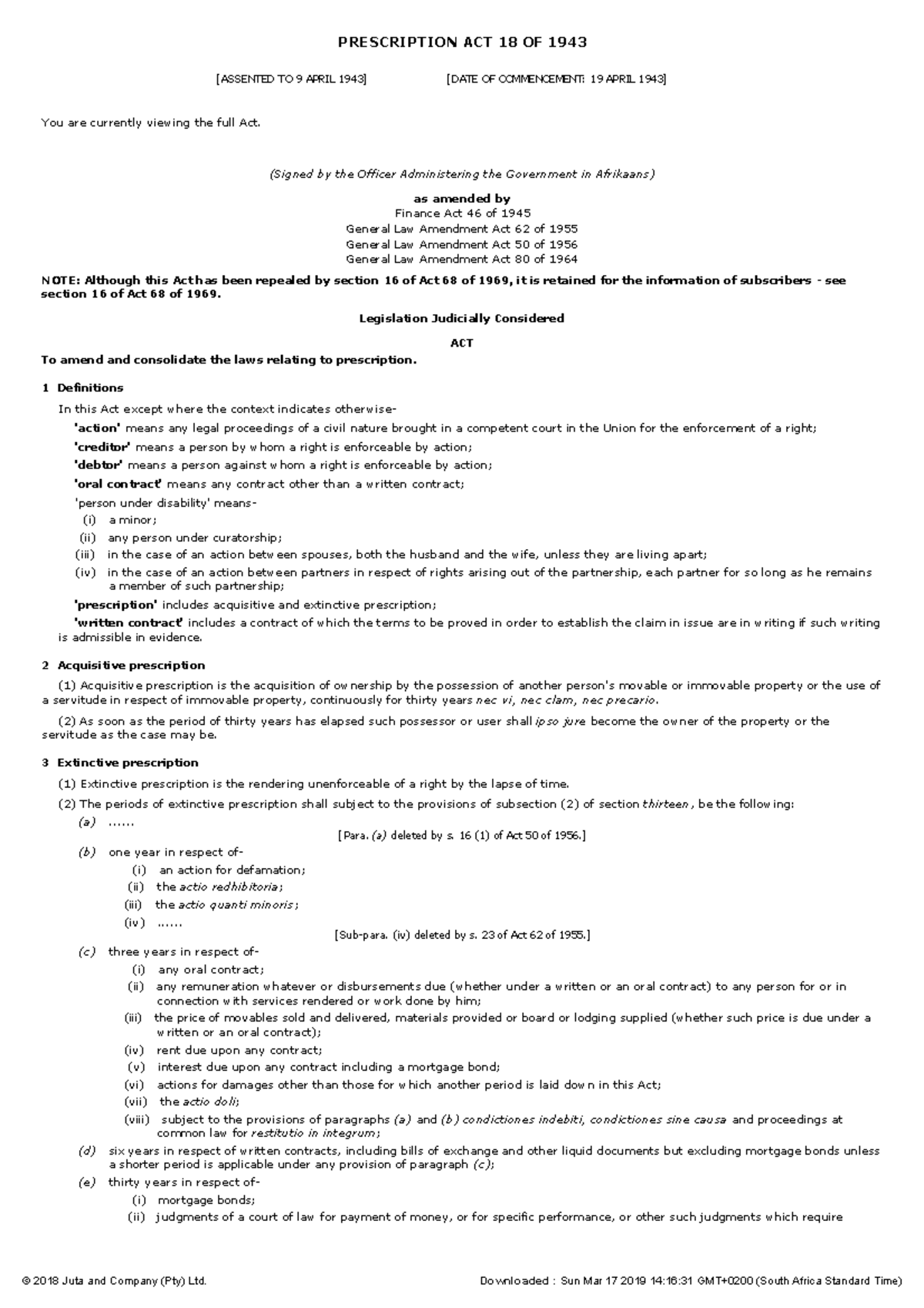 Prescription Act 18 Of 1943aa - Prescription Act 18 Of [assented To 9 