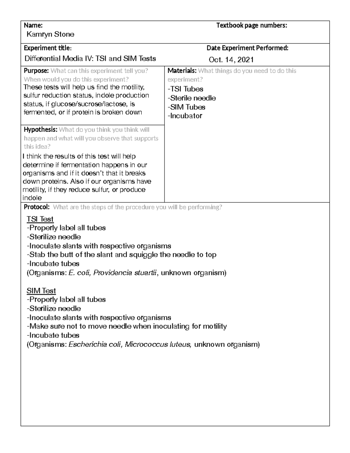 Differential Tests IV SIM and TSI Test - LAB SHEET - Name: Textbook ...