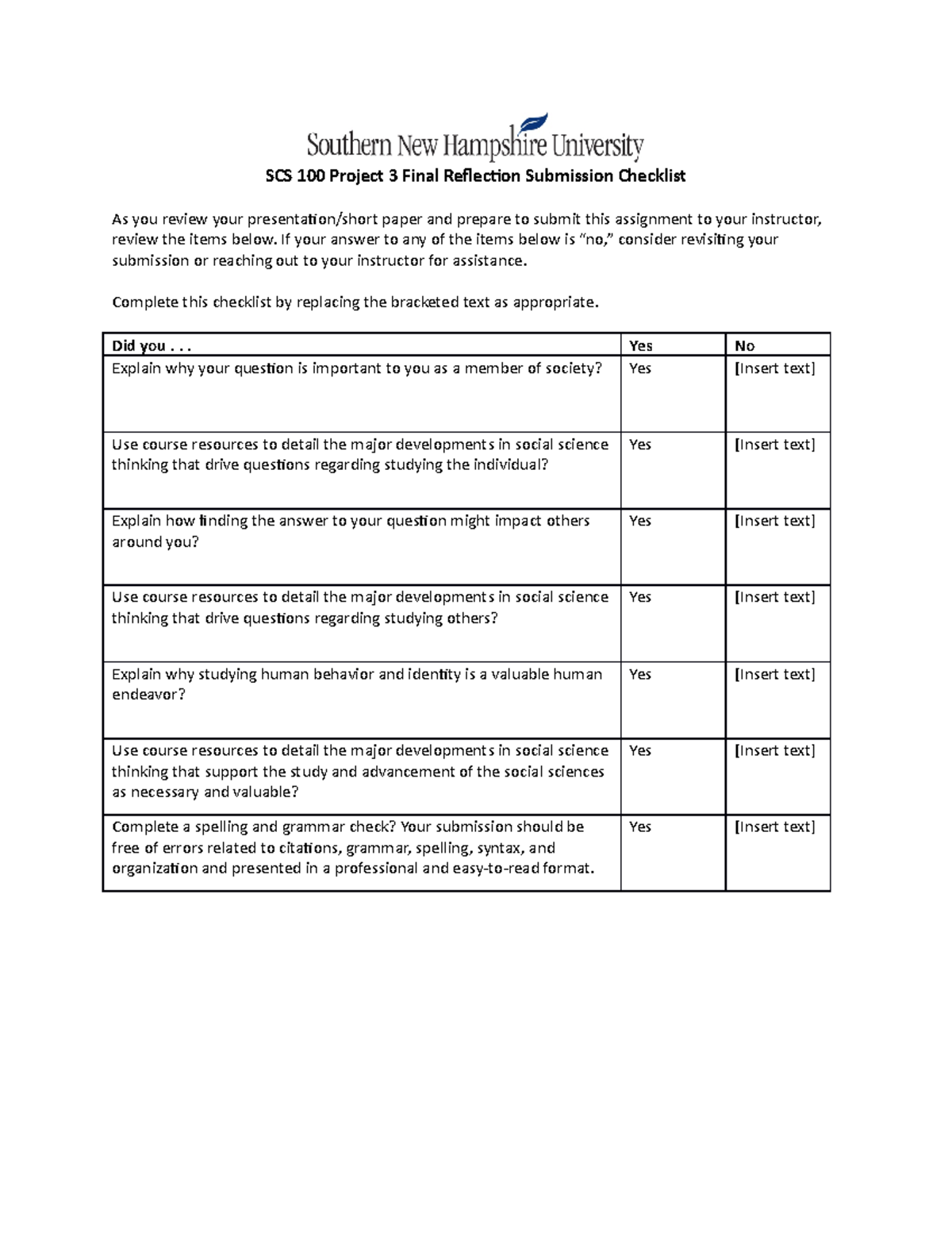 SCS 100 Project 3 Final Reflection Submission Checklist - SCS 100 ...