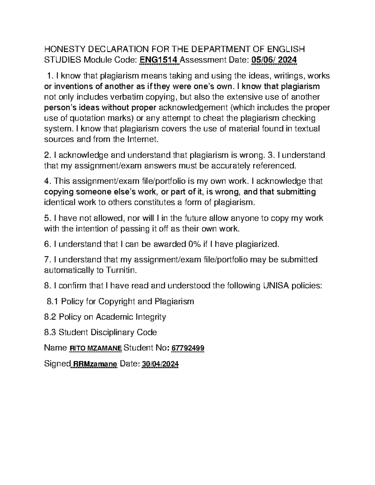 ENG1514 Assignment 2 - HONESTY DECLARATION FOR THE DEPARTMENT OF ...