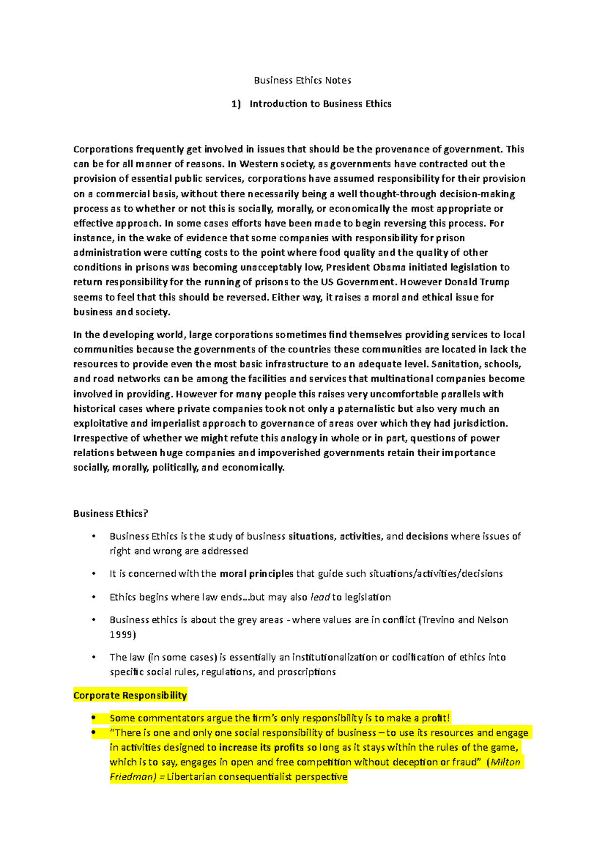 Business Ethics Notes - Summary of course - Business Ethics Notes 1 ...