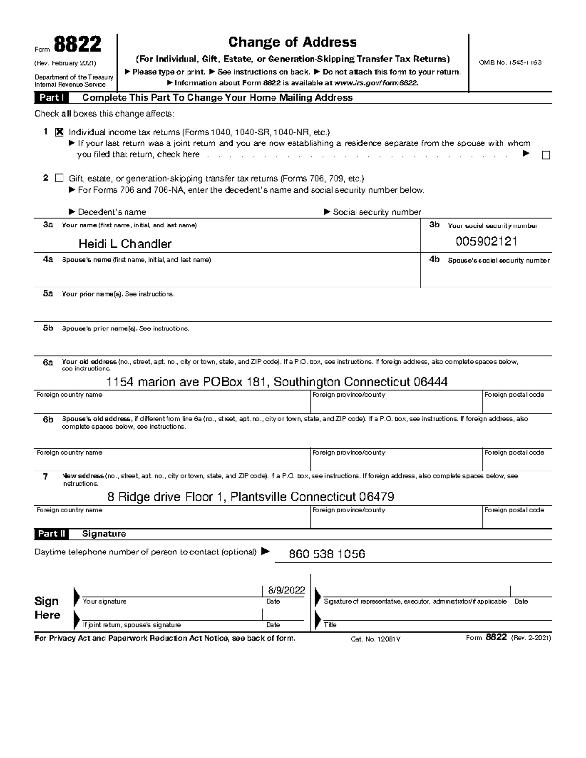 Communicationss - Form 8822 (Rev. February 2021) Department Of The ...