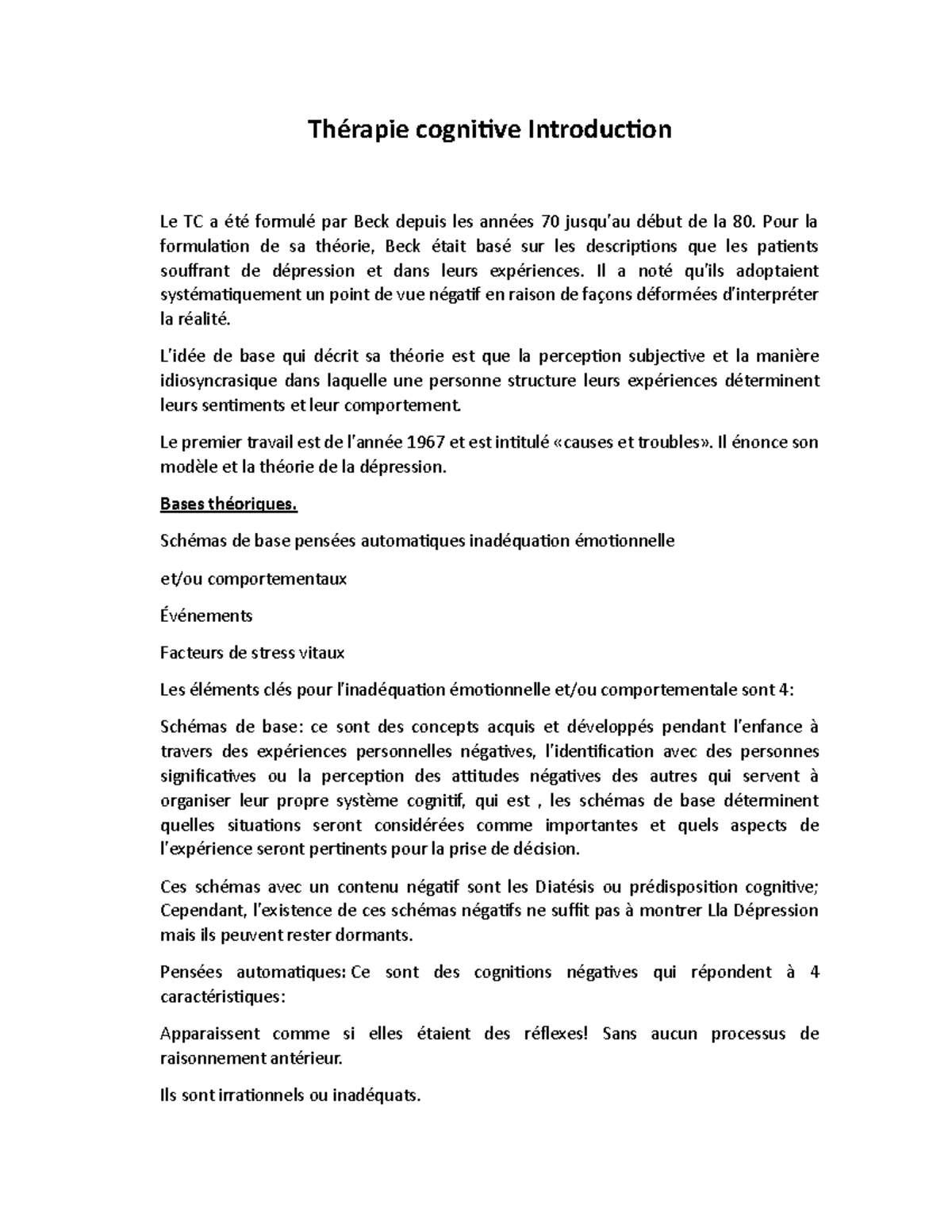 Thérapie cognitive Introduction - Pour la formulation de sa théorie ...