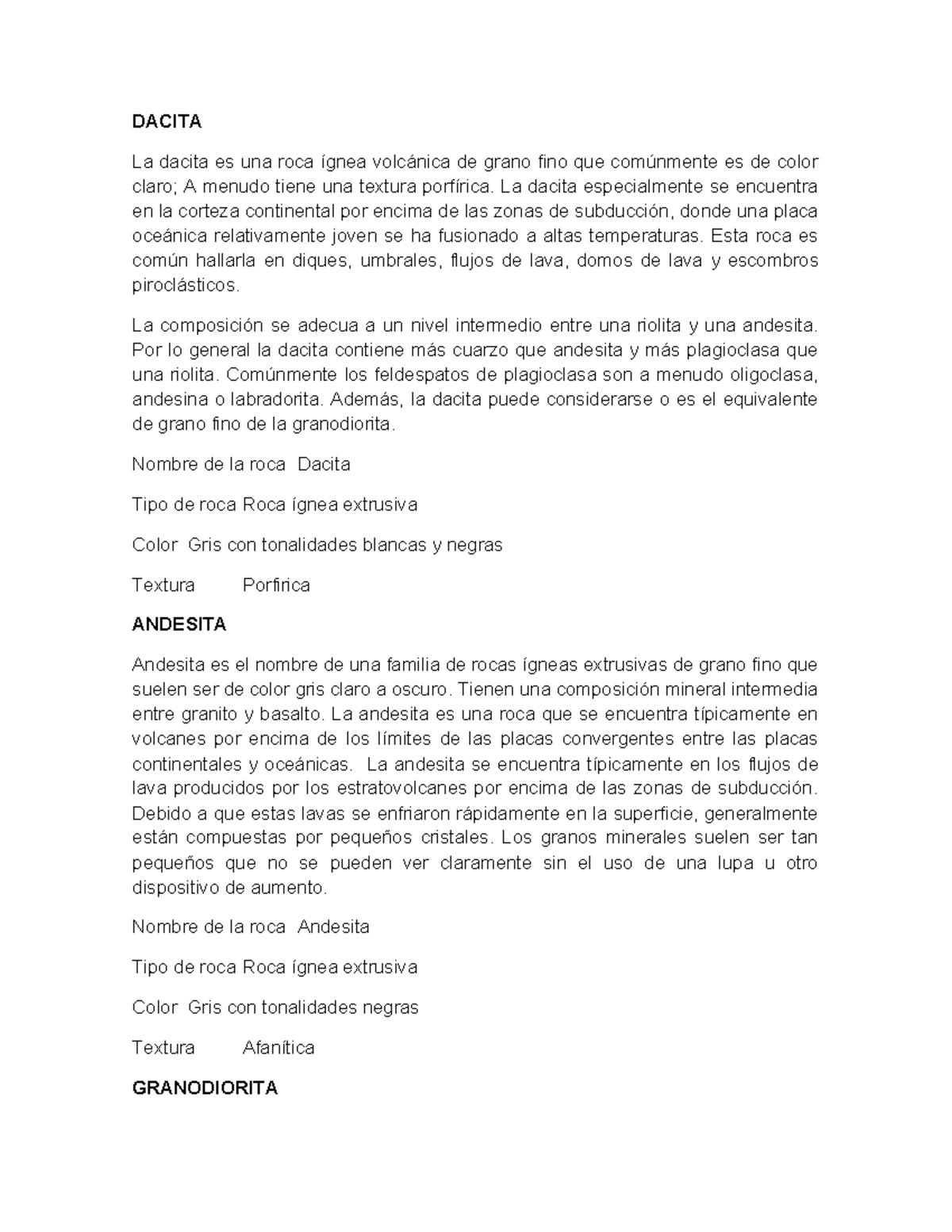 Dacita - trabajos 2023-2024 - DACITA La dacita es una roca ígnea ...