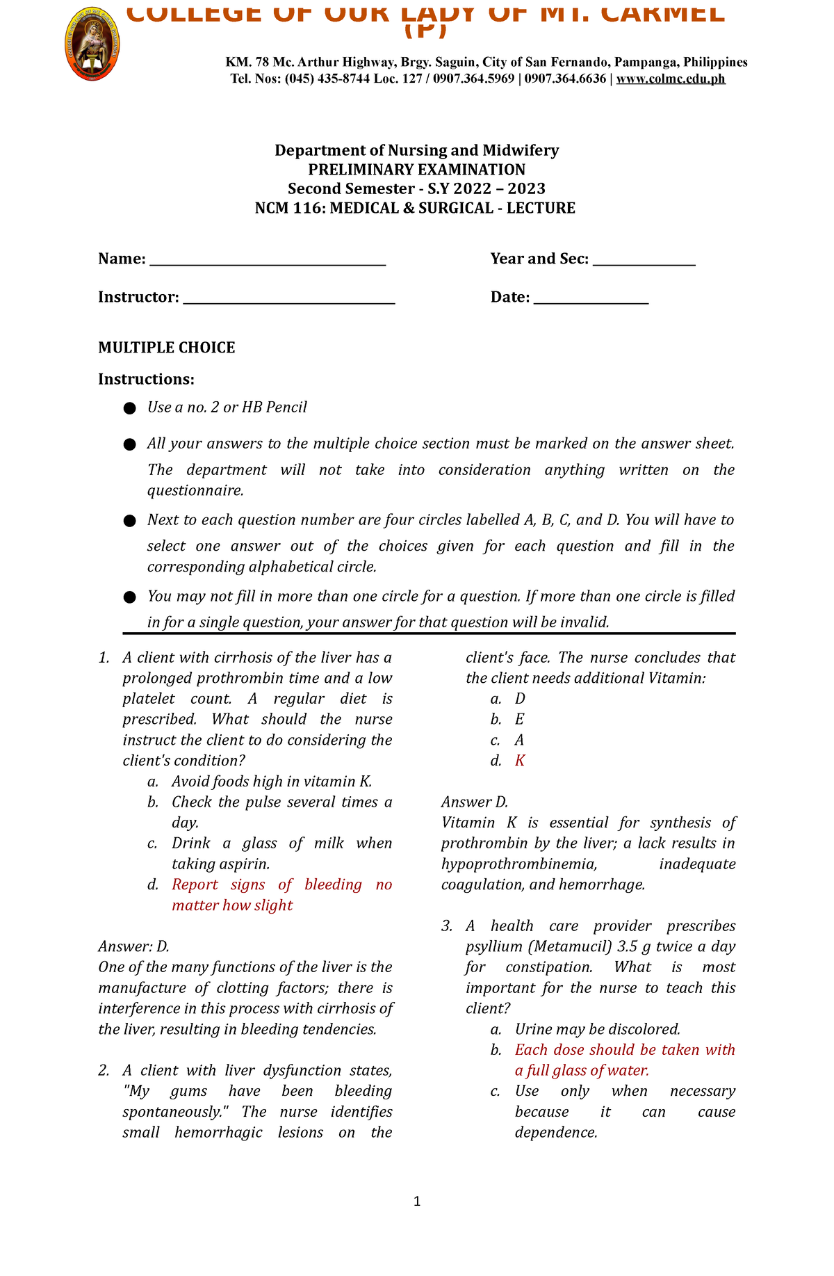 NCM 116 Prelim EXAM Lecture - Department Of Nursing And Midwifery ...