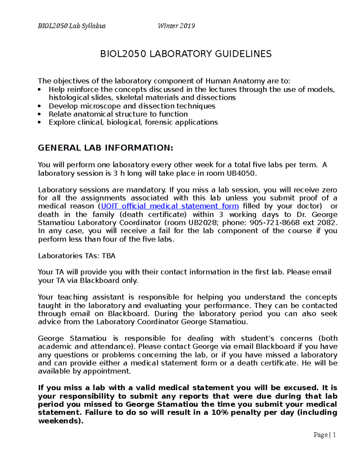 Lab guidelines Anatomy BIOL2050 LABORATORY GUIDELINES The objectives
