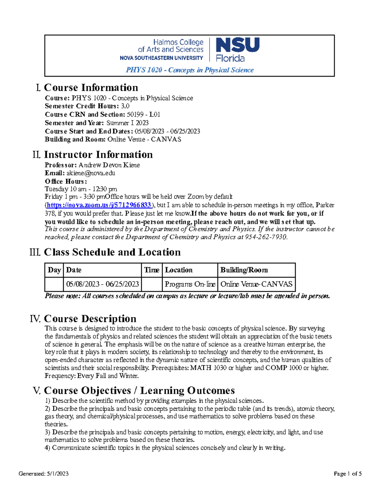 PHYS 1020 Syllabi - PHYS 1020 - Concepts In Physical Science I. Course ...