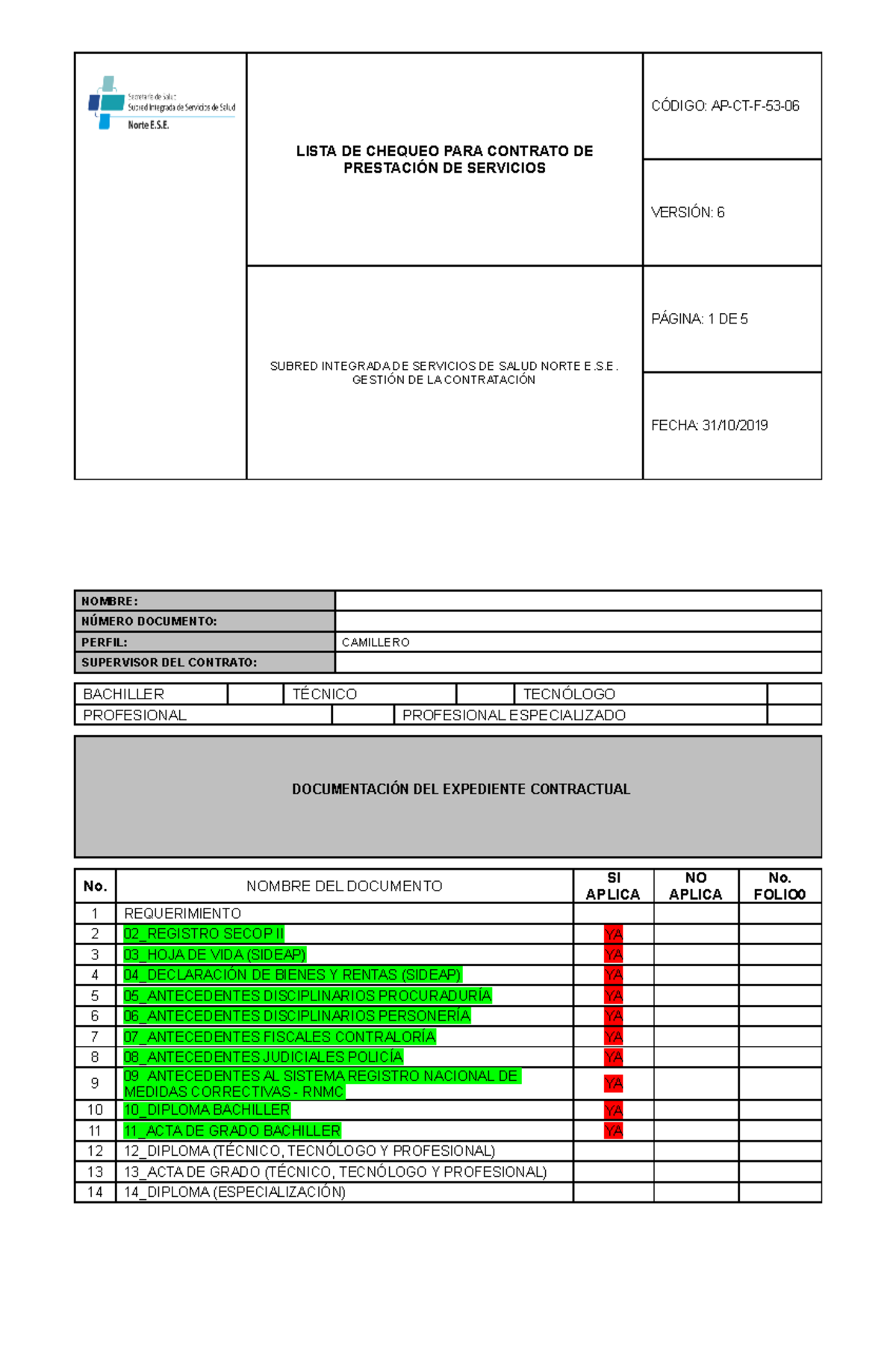 Lista DE Chequeo - LISTA DE CHEQUEO PARA CONTRATO DE PRESTACIÓN DE ...