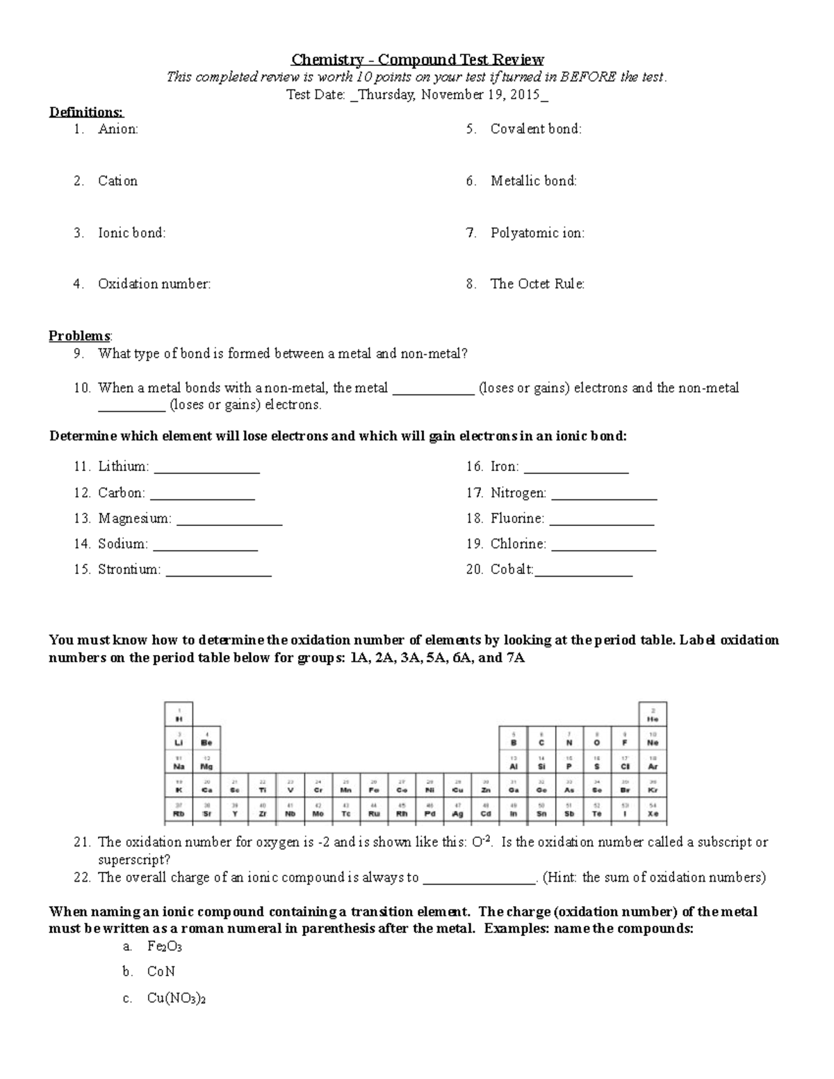 Compounds 2 test review 2015 - Chemistry - Compound Test Review This ...