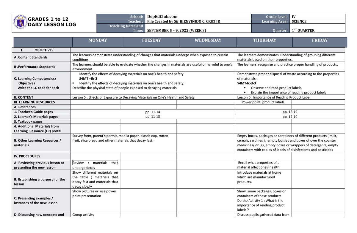 DLL Science 4 Q1 W3 - dll - GRADES 1 to 12 DAILY LESSON LOG School ...