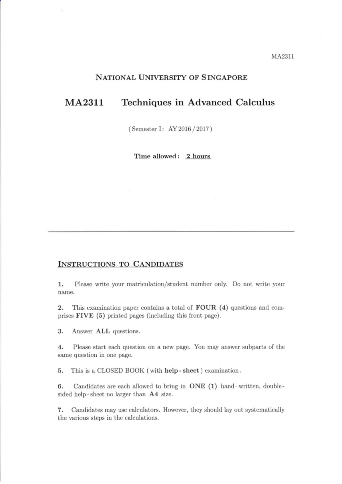 MA2311 midterm ay2016 - MA2311 NATIONAL UNIVERSITY OF SINGAPORE MA2311 ...