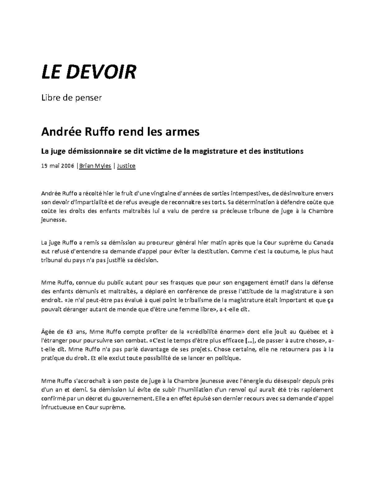 Ruffo-le devoir - Its good - LE DEVOIR Libre de penser AndrÈe Ruffo ...