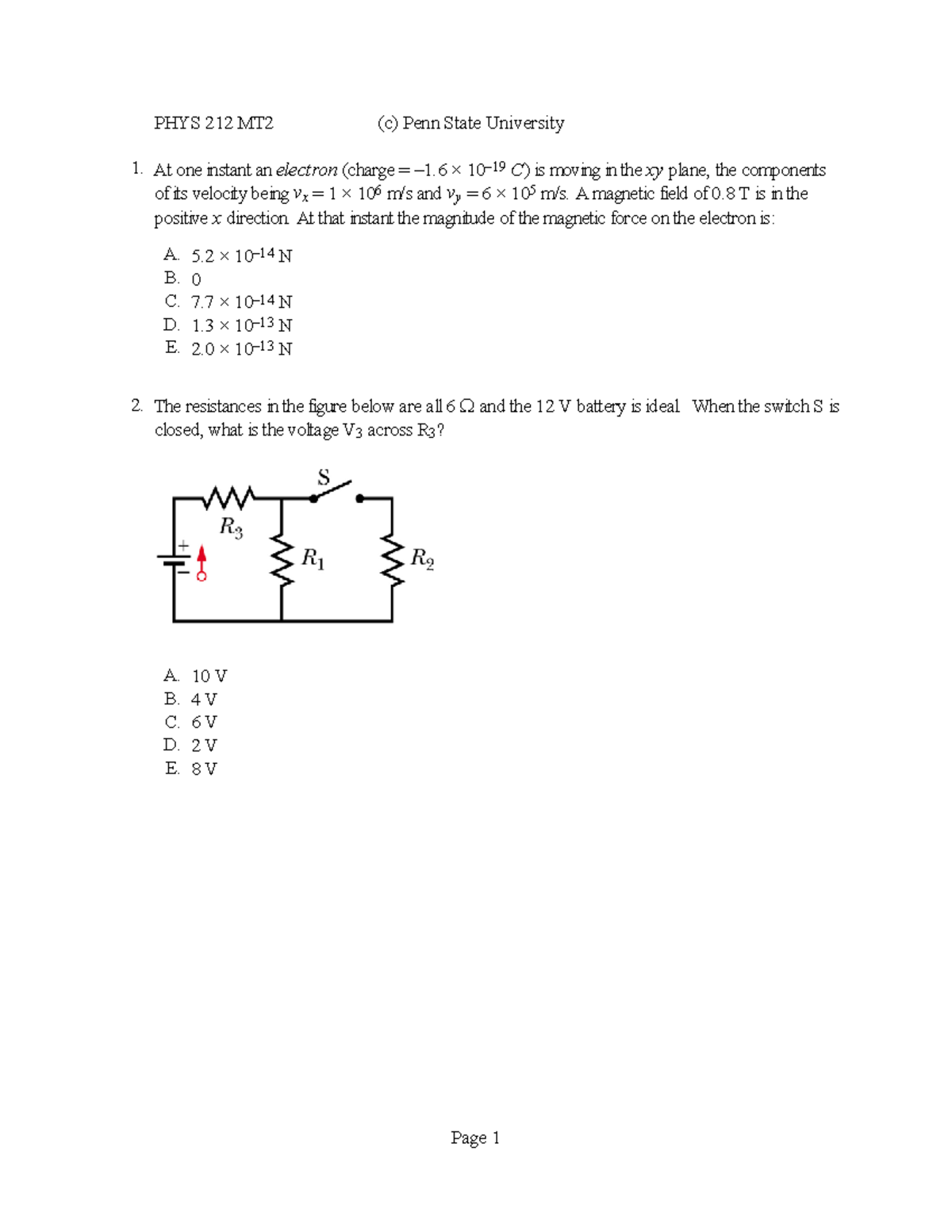 P212 MT2 Sample - Exam Review - At One Instant An Electron (charge = –1 ...