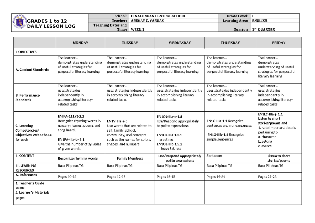 DLL English 1 Q3 W1 - SWDWWAX - GRADES 1 to 12 DAILY LESSON LOG School ...